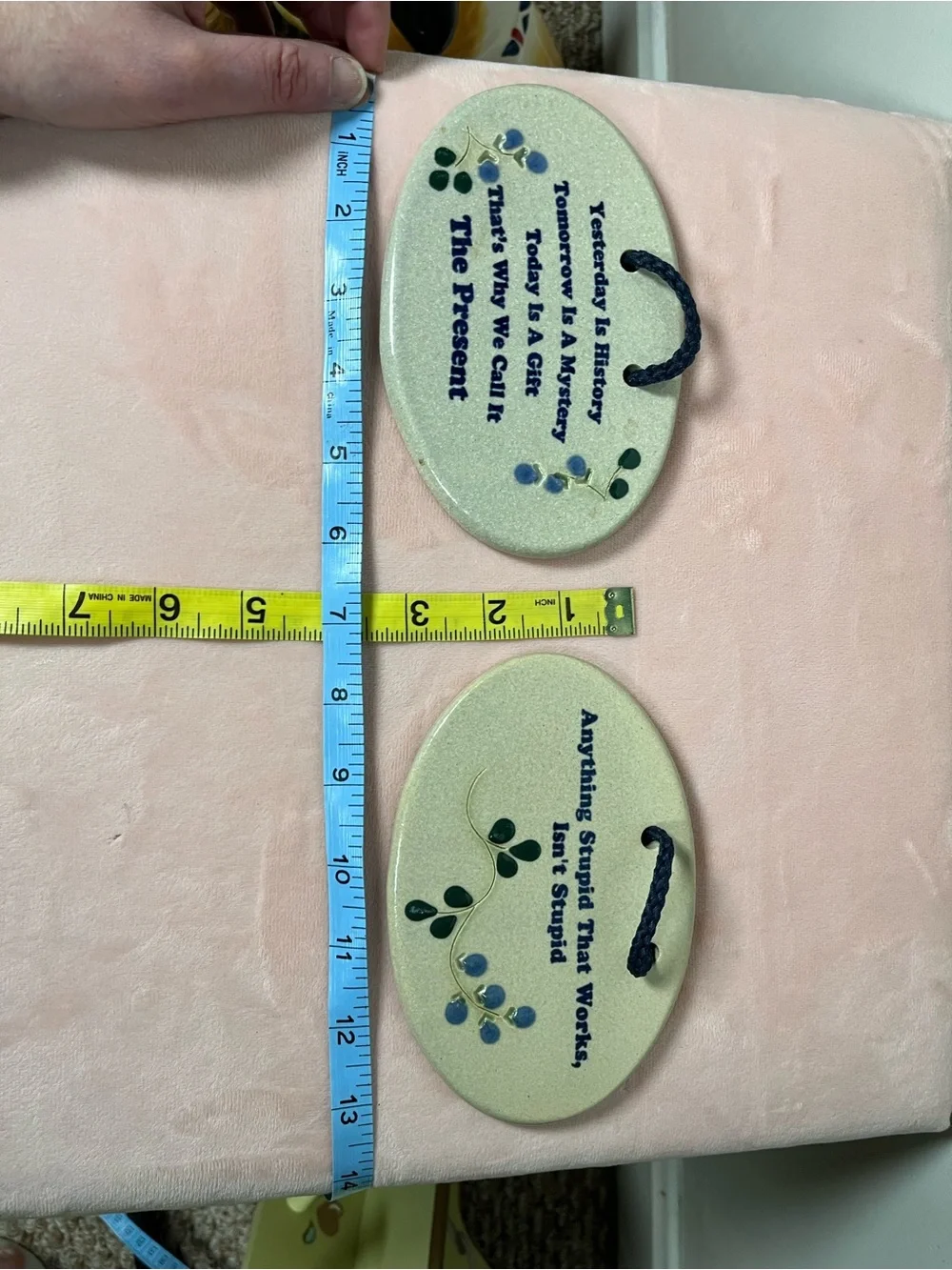 Ceramic Oval Wall Plaques with Blue Text and Leaf Accents stoneware